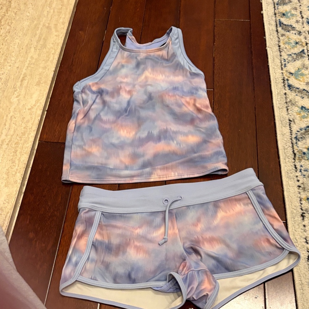 Athleta Girls Lavender and Peach Tie-Dye Tank Top & Shorts Swim Set